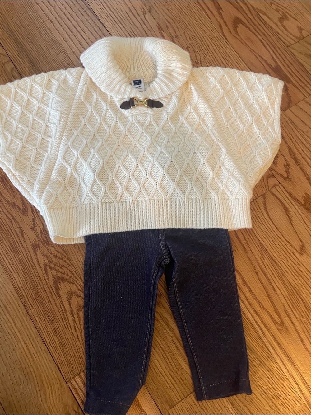 Janie and Jack Cream Cable-Knit Turtleneck Sweater with Toggle & Jean Leggings